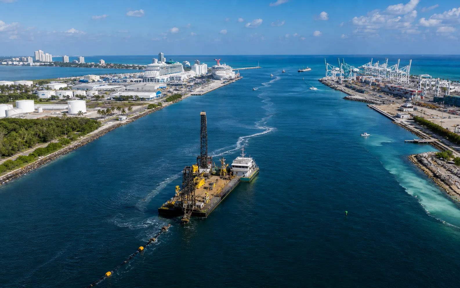 Aerial view of a navigation channel and port infrastructure